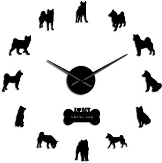 Japanse Shiba Inu Hond Decoratieve Moderne Wandklok Shiba Ken Hond Ras Frame Grote Wandklok Met DIY Arylic Spiegel stickers zwart / 47 duim