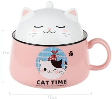 Japanse Stijl Keramische Cartoon Instant Noodle Kom Met Deksel En Handvat Creatieve Grote Capaciteit Kantoor Fruitschaal Leuke Servies 1020ml roze