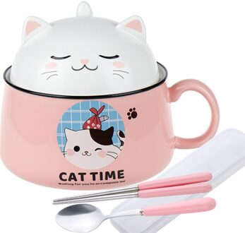 Japanse Stijl Keramische Cartoon Instant Noodle Kom Met Deksel En Handvat Creatieve Grote Capaciteit Kantoor Fruitschaal Leuke Servies roze met tableware