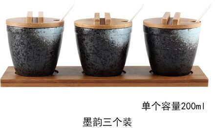 Japanse Stijl Keramische Kruiden Pot Cruet Set Peper Zout Fles Container Opslag Specerijen Spice Rack Houder Met Lepel Deksel C--3-stuk reeks