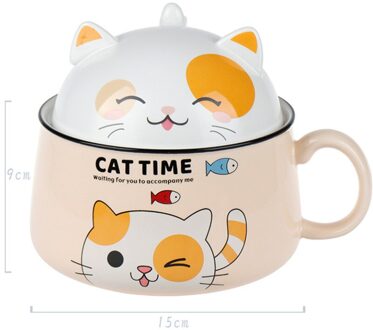 Japanse Stijl Keramische Leuke Cartoon Instant Noodle Kom Met Deksel En Handvat Creatieve Grote Capaciteit Kantoor Fruitschaal Servies 1020ml geel