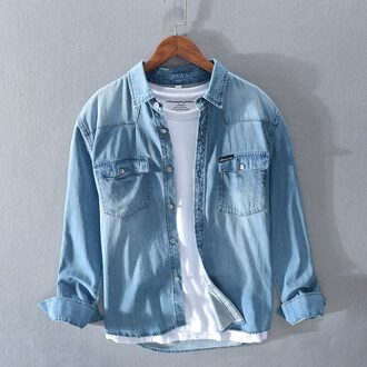Japanse Stijl Mode Mannen Shirts Retro Blauw Casual Katoenen Lange Mouwen Denim Shirt Vintage Camisas Hombre Xxxl