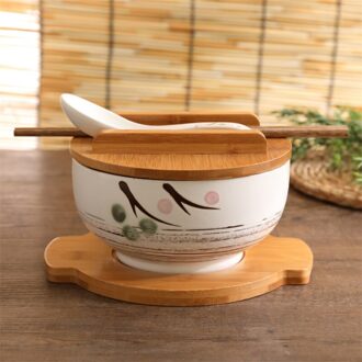 Japanse Stijl Rijst Noodle Kom Met Deksel Lepel En Eetstokje Keuken Servies Keramische Salade Soepkom Voedsel Container Servies Bowl B met tray
