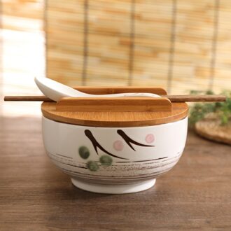 Japanse Stijl Rijst Noodle Kom Met Deksel Lepel En Eetstokje Keuken Servies Keramische Salade Soepkom Voedsel Container Servies Bowl B