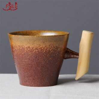 Japanse Stijl Vintage Keramische Mok Tumbler Roest Glazuur Thee Melk Cup Met Houten Handvat 1A
