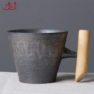 Japanse Stijl Vintage Keramische Mok Tumbler Roest Glazuur Thee Melk Cup Met Houten Handvat 1B