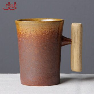 Japanse Stijl Vintage Keramische Mok Tumbler Roest Glazuur Thee Melk Cup Met Houten Handvat 2A