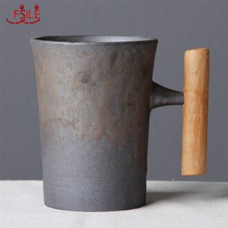 Japanse Stijl Vintage Keramische Mok Tumbler Roest Glazuur Thee Melk Cup Met Houten Handvat 2B