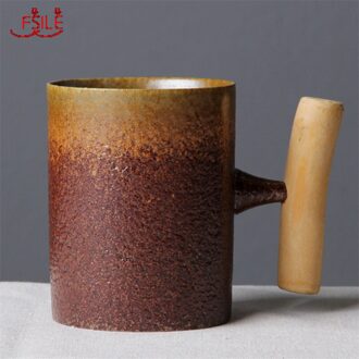 Japanse Stijl Vintage Keramische Mok Tumbler Roest Glazuur Thee Melk Cup Met Houten Handvat 3A