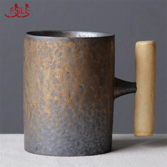 Japanse Stijl Vintage Keramische Mok Tumbler Roest Glazuur Thee Melk Cup Met Houten Handvat 3B