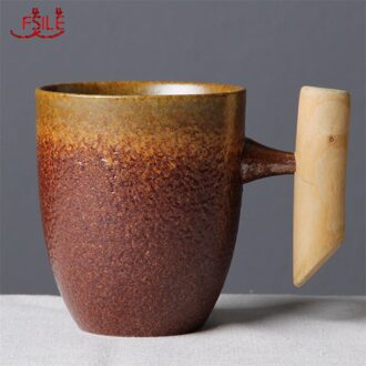 Japanse Stijl Vintage Keramische Mok Tumbler Roest Glazuur Thee Melk Cup Met Houten Handvat 4A