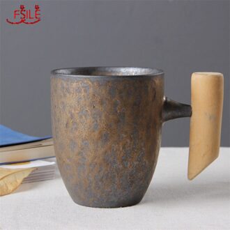 Japanse Stijl Vintage Keramische Mok Tumbler Roest Glazuur Thee Melk Cup Met Houten Handvat 4B