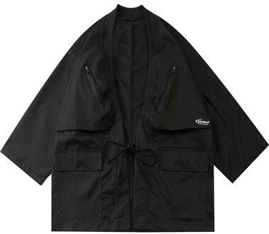 Japanse Streetwear Herfst Drie Kwart Mouw Casual Shirts Mannen Zwarte Kimono Jas Hip Hop Shirt Solid Uitloper Xl