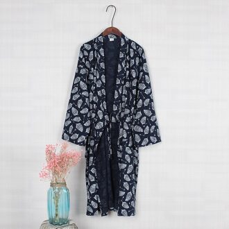 Japanse Traditionele Oude Samurai Stijl Robe Pyjama Zachte Losse Mannen Retro Leaf Print Badjas Kimono Hanfu Slaap Lounge Wear Blauw / L