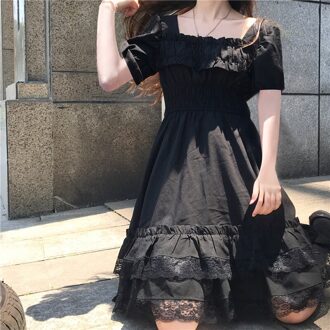 Japanse Vrouwen Victoriaanse Gothic Vierkante Kraag Kanten Ruches Zwarte Lolita Jurk Zomer Meisjes Punk Stijl Korte Mouwen Mini Jurken