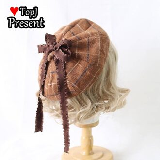 Japanse Zoete En Mooie Streep Check Achthoekige Cap Retro Lolita Baret Leuke Herfst En Winter Zacht Meisje Baret khaki
