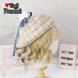 Japanse Zoete En Mooie Streep Check Achthoekige Cap Retro Lolita Baret Leuke Herfst En Winter Zacht Meisje Baret uit wit