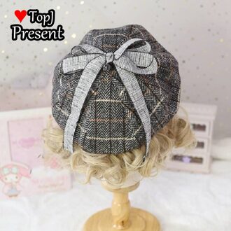 Japanse Zoete En Mooie Streep Check Achthoekige Cap Retro Lolita Baret Leuke Herfst En Winter Zacht Meisje Baret zwart grijs