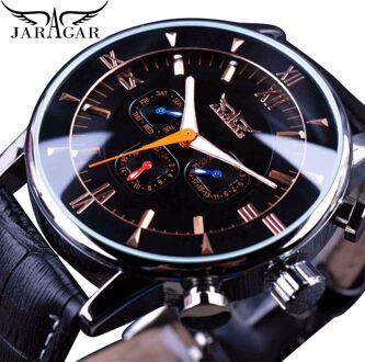 Jaragar Klassieke Automatische 6 Handen Kalender Lichtgevende Handen Zwart Lederen Band Heren Horloges Business Luxe Mechanische Mannelijke Klok