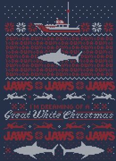 Jaws Great White Dames Kerst T-Shirt - Navy - L Blauw