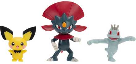 Jazwares Pokémon First Partner Battle Figure Set Figure 3-Pack Pichu, Machop, & Weavile
