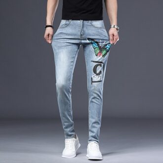 Jeans Straight High-End Strakke Vlinder Afdrukken Lichtblauw Herfst Mens Koreaanse Versie Mode Dagelijkse Eenvoudige Harajuku Persoonlijkheid 31