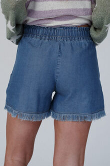 Jeansshorts met franjes en elastische tailleband Lichtblauw