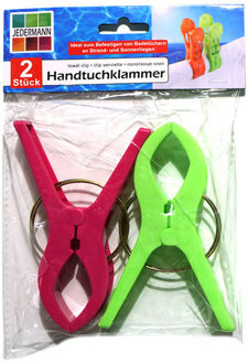 Jedermann Handdoekknijpers XL - 2x - groen/roze - kunststof - 12 cm - Handdoekknijpers Multikleur