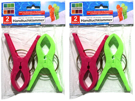 Jedermann Handdoekknijpers XL - 4x - groen/roze - kunststof - 12 cm - wasknijpers