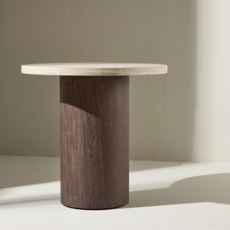 Jente ronde houten bijzettafel donkerbruin met travertine tafelblad- Ø 50 cm Beige