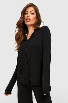 Jersey Met Lange Mouwen En Knoop-Overhemd Pyjama Shirt, Black - 38
