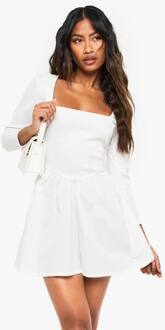 Jersey-Rib Katoenmix Mini-Jurk Met Lange Mouwen, White - 36