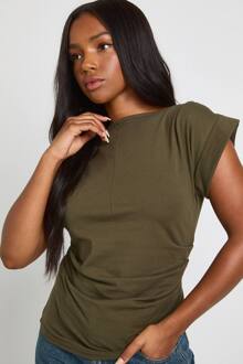 Jersey T-Shirt Met Getailleerde Taille En Korte Mouwen, Khaki - 40