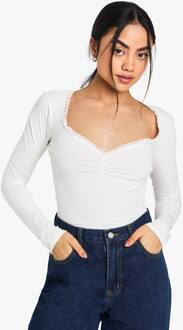 Jersey Top Met Kantenafwerking, Geplooide Boezem En Lange Mouwen, White - 38