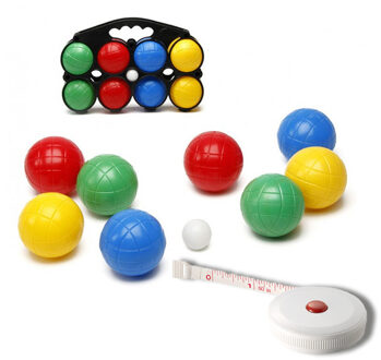 Jeu de boules set met 8 ballen + compact meetlint/rolmaat 1,5 meter - Complete kaatsbal/petanque set - Actief buitenspeelgoed voor kinderen