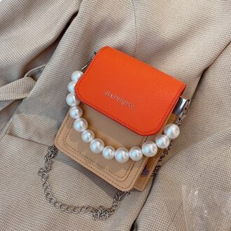 Jeugd Dames Eenvoudige Veelzijdige Tas Vrouwen Casual Pu Leather Pearl Chain Handtassen Hit Kleur Schouder Crossbody Tas Oranje