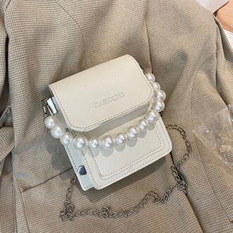Jeugd Dames Eenvoudige Veelzijdige Tas Vrouwen Casual Pu Leather Pearl Chain Handtassen Hit Kleur Schouder Crossbody Tas wit