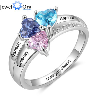 JewelOra Customized Mother Ring with 3 Heart Birthstones Personalized Silver Color Copper Name Engraved Rings for Women Gifts