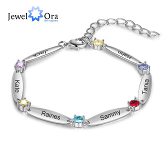 JewelOra Personalized 6 Inlaid Birthstones Name Engraved Bracelet Customized Mother Bracelet Exquisite Christmas Gift for Family