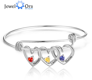 JewelOra Personalized Heart Charm Bracelet with Birthstone Customized Engraving Name Bracelets & Bangles Christmas Gift for Mom