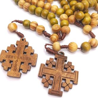 Jezus Houten Gebed Kralen 10Mm Rozenkrans Kruis Ketting Hanger Geweven Touw Ketting Kerk Supplies Sieraden Accessoires