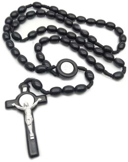 Jezus Houten Kralen 8Mm Rozenkrans Bead Kruis Hanger Ketting Geweven Touw Ketting Sieraden Accessoires zwart