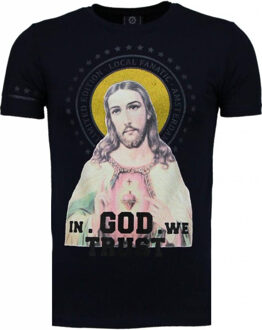 Jezus - Rhinestone T-shirt - Navy - Maten: L