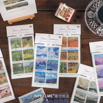 JIANWU 8 Sheets Oil Painting Landscape Dot Stickers Cute Simple Decoration Washi Stickers DIY Journal Material School Supplies