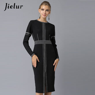 Jielur Herfst Voorjaar Elegante Dame Zwarte Jurk Vrouwelijke Europa Mode Slanke OL Vrouwen Jurken Lange Mouwen Split Gebreide Vestidos