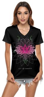 Jigerjoger Running V-hals Vrouwen T-shirts Mandala Lotus Afdrukken Vrouwelijke Tops Zwart T-Top Eenvoudige Casual Elastische Top Plus Size Xxl