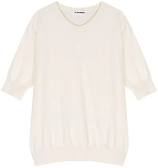 Jil Sander Wit Crew-neck T-shirt met Ribgebreid Jil Sander , White , Dames - L,M