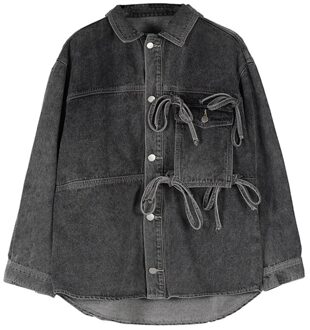 Jing Zhe Denim Retro Jas Mannen Vrouwen Grijs Punk Verontruste Jas High Street Harajuku Cargo Jasje Herfst Losse Kwastje Streetwear