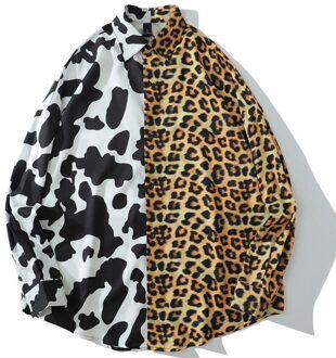 Jing Zhe Voorjaar Vrouwen Shirts Luipaard Melk Koe Print Patchwork Shirts Tops Losse Vintage Femme Blouses Lange Mouwen Casual Blusas Xl