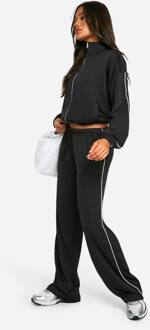 Jogger Met Tricot Piping Detail, Lage Taille En Rechte Pijpen, Black
